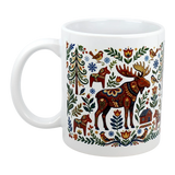 The Swedish Gift Store's Mug: Nordic Forest Kurbits Dala Moose Wraparound Ceramic Mug (11 oz) features a vibrant Scandinavian folk art design with a moose, horses, birds, a house, trees, and florals in blue, red, green & yellow.