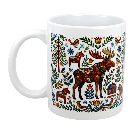 The Swedish Gift Store's Mug: Nordic Forest Kurbits Dala Moose Wraparound Ceramic Mug (11 oz) features a vibrant Scandinavian folk art design with a moose, horses, birds, a house, trees, and florals in blue, red, green & yellow.