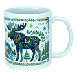 Discover the Nordic Wholesale Mug: Nordic Forest Moose Ceramic Mug (11 oz), a white Scandinavian-style mug adorned with a colorful, patterned moose surrounded by trees, a small cabin, bird, snowflakes, and sun in a charming folk-art design. This ceramic mug brings Nordic folk art inspiration to your morning routine for a delightful start to your day.