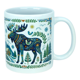 Discover the Nordic Wholesale Mug: Nordic Forest Moose Ceramic Mug (11 oz), a white Scandinavian-style mug adorned with a colorful, patterned moose surrounded by trees, a small cabin, bird, snowflakes, and sun in a charming folk-art design. This ceramic mug brings Nordic folk art inspiration to your morning routine for a delightful start to your day.