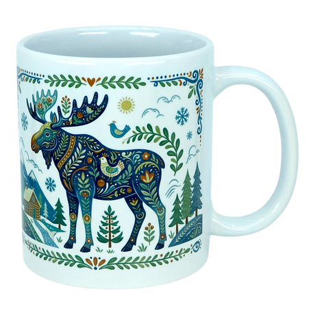 Discover the Nordic Wholesale Mug: Nordic Forest Moose Ceramic Mug (11 oz), a white Scandinavian-style mug adorned with a colorful, patterned moose surrounded by trees, a small cabin, bird, snowflakes, and sun in a charming folk-art design. This ceramic mug brings Nordic folk art inspiration to your morning routine for a delightful start to your day.