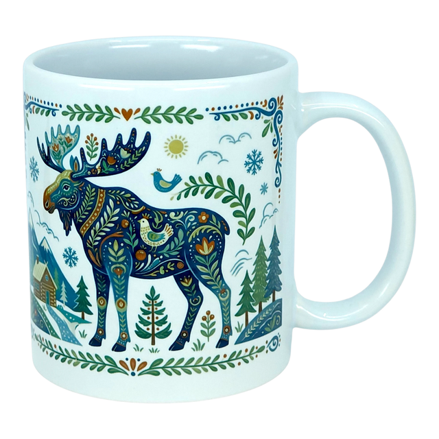 Discover the Nordic Wholesale Mug: Nordic Forest Moose Ceramic Mug (11 oz), a white Scandinavian-style mug adorned with a colorful, patterned moose surrounded by trees, a small cabin, bird, snowflakes, and sun in a charming folk-art design. This ceramic mug brings Nordic folk art inspiration to your morning routine for a delightful start to your day.