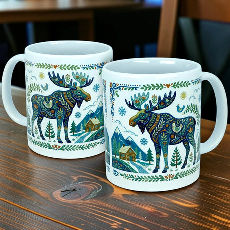 Two Nordic Wholesale ceramic mugs—each a white 11 oz "Nordic Forest Moose" mug—feature vibrant moose designs alongside charming cabin, tree, and mountain motifs, capturing the spirit of Scandinavian folk art as they sit side by side on a wooden table.