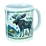 Enjoy your morning coffee with the Mug: Nordic Forest Moose Ceramic Mug (11 oz) from Nordic Wholesale, featuring a charming folk art design. This white ceramic mug is adorned with a vibrant, patterned illustration that captures a moose, pine trees, snowy mountains, a cozy cabin, decorative leaves, as well as a blue bird and sun in true Scandinavian style—adding a delightful Nordic flair to your daily routine.