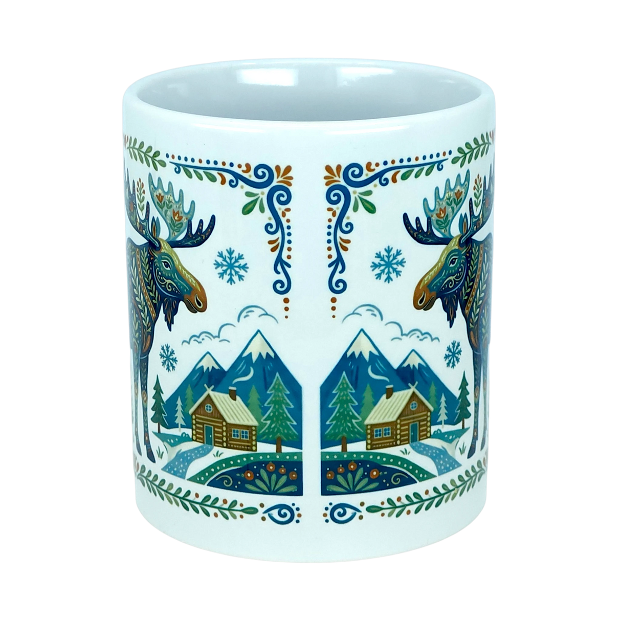 The Mug: Nordic Forest Moose Ceramic Mug (11 oz) by Nordic Wholesale features two colorful moose, snowflakes, pine trees, and mountain cabins in a charming folk art style. Decorative borders frame the top and bottom edges, making this Nordic Wholesale mug a delightful example of Nordic folk art design.