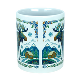 The Mug: Nordic Forest Moose Ceramic Mug (11 oz) by Nordic Wholesale features two colorful moose, snowflakes, pine trees, and mountain cabins in a charming folk art style. Decorative borders frame the top and bottom edges, making this Nordic Wholesale mug a delightful example of Nordic folk art design.