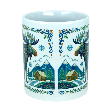 The Mug: Nordic Forest Moose Ceramic Mug (11 oz) by Nordic Wholesale features two colorful moose, snowflakes, pine trees, and mountain cabins in a charming folk art style. Decorative borders frame the top and bottom edges, making this Nordic Wholesale mug a delightful example of Nordic folk art design.