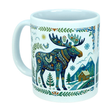 The Nordic Wholesale Mug: Nordic Forest Moose Ceramic Mug (11 oz) showcases a vibrant folk-art illustration of a moose surrounded by trees, a cabin, mountains, and intricate blue, green, and earth-toned patterns—an ideal choice for anyone who loves whimsical Scandinavian or Nordic design.
