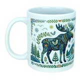 The Mug: Nordic Forest Moose Ceramic Mug (11 oz) by Nordic Wholesale showcases a vibrant, ornate illustration of a moose adorned with patterned designs, surrounded by trees, a small house, the sun, birds, and decorative foliage on a crisp white ceramic background. Inspired by Nordic folk art mug motifs, this charming Scandinavian piece adds whimsical beauty to your coffee routine.