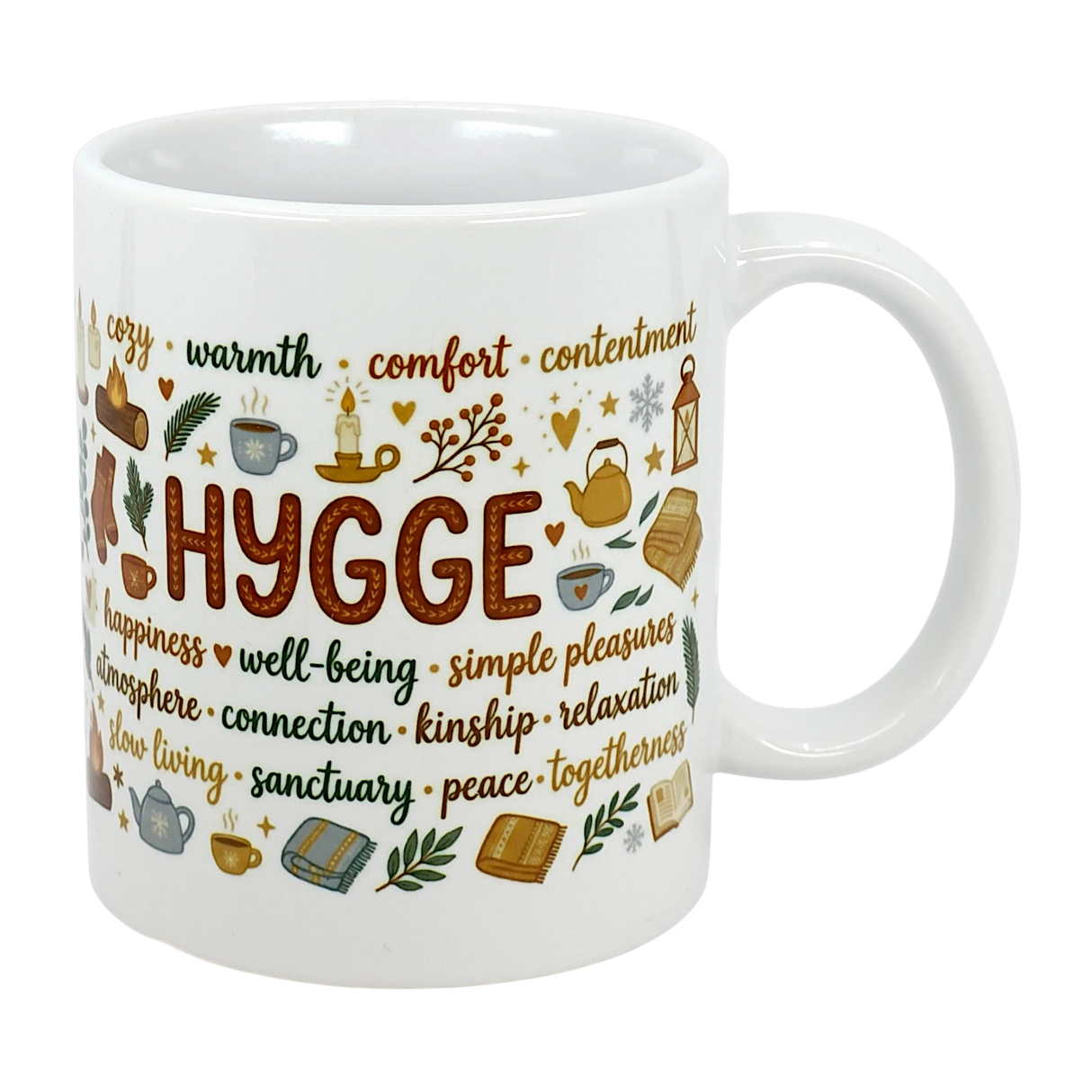 The Nordic Hygge Comfort Typography Ceramic Mug (11 oz) by Swedish Gift Store features “Hygge” with cozy icons—candles, tea, books, socks, blankets—and words like warmth and comfort. A Scandinavian mug perfect for relaxation and well-being.