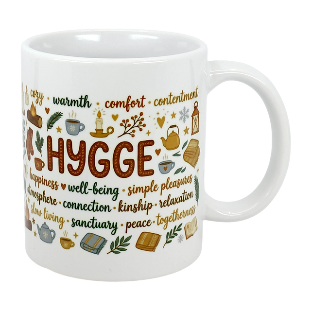 The Nordic Hygge Comfort Typography Ceramic Mug (11 oz) by Swedish Gift Store features “Hygge” with cozy icons—candles, tea, books, socks, blankets—and words like warmth and comfort. A Scandinavian mug perfect for relaxation and well-being.