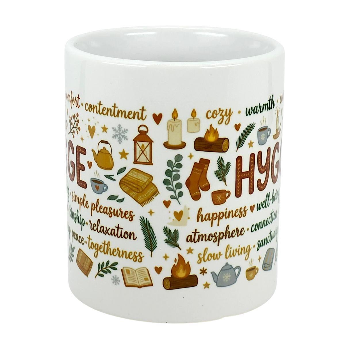 Sip in style with the Nordic Hygge Comfort Typography Ceramic Mug (11 oz) by Swedish Gift Store, featuring HYGGE, cozy icons—books, socks, candles, tea—and words like comfort and warmth for a perfect Scandinavian coffee cup vibe.