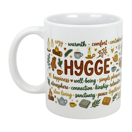The Mug: Nordic Hygge Comfort Typography Ceramic Mug (11 oz) by Swedish Gift Store features "HYGGE" and cozy icons like candles, books, and teacups—a perfect nordic mug for warmth, comfort, and well-being.