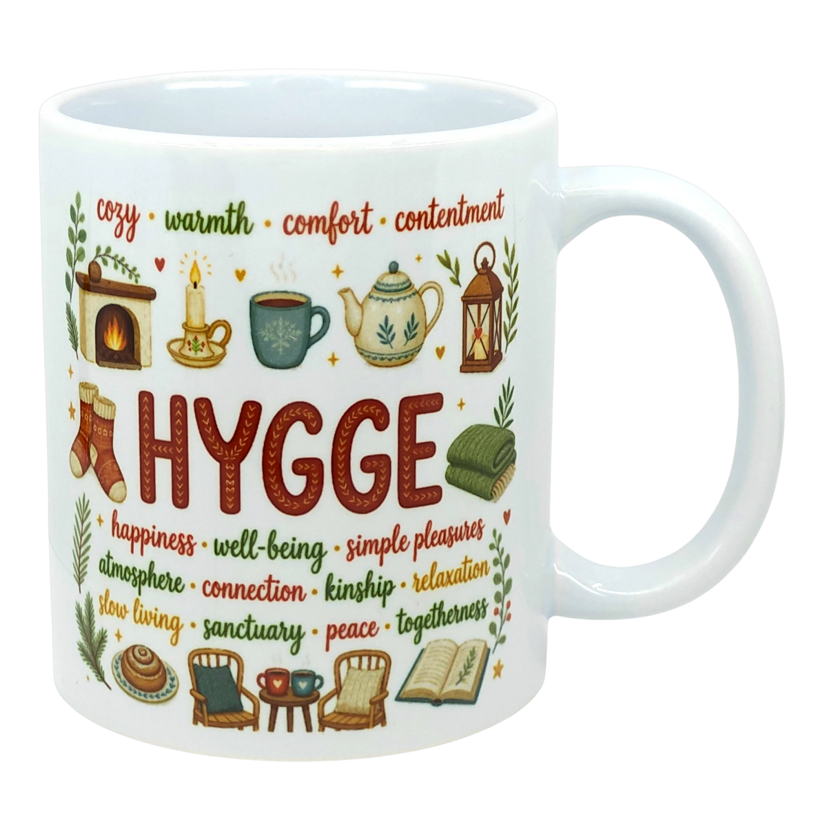Ceramic coffee cup with the word “HYGGE” and Scandinavian-style illustrations of a fireplace, socks, teapot, chair, and book.