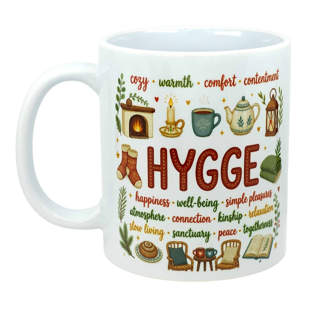 White ceramic coffee cup with colorful Nordic illustrations and visible words including “Hygge,” “cozy,” and “warmth.”.
