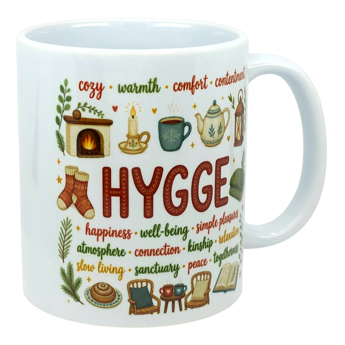 White ceramic mug with “HYGGE” in bold red on the front, surrounded by smaller Scandinavian words including happiness, warmth, and relaxation.