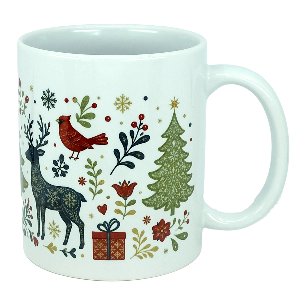 Mug: Nordic Forest Reindeer & Christmas Tree Ceramic Mug (11 oz)