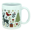 Experience the festive spirit with the Nordic Wholesale Mug: Nordic Forest Reindeer & Christmas Tree Ceramic Mug (11 oz). This white ceramic mug is adorned with a Scandinavian folk-art design featuring a reindeer, cardinal, Christmas tree, present, snowflakes, and an array of flowers and leaves in vibrant red, green, and gold hues—perfect for celebrating the holiday season.