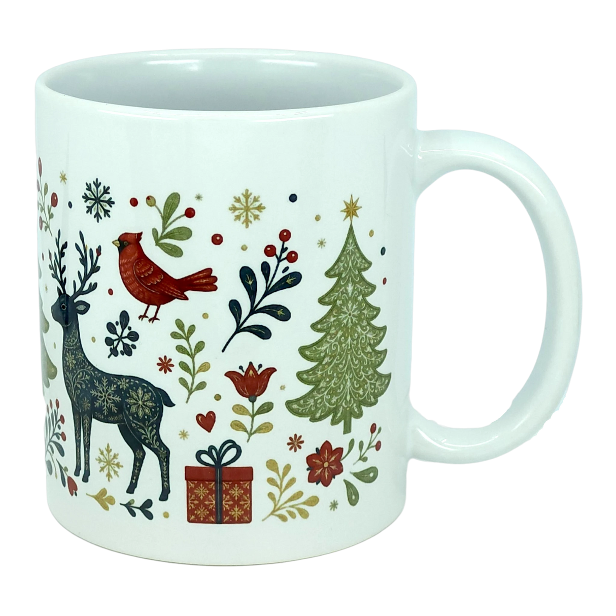Experience the festive spirit with the Nordic Wholesale Mug: Nordic Forest Reindeer & Christmas Tree Ceramic Mug (11 oz). This white ceramic mug is adorned with a Scandinavian folk-art design featuring a reindeer, cardinal, Christmas tree, present, snowflakes, and an array of flowers and leaves in vibrant red, green, and gold hues—perfect for celebrating the holiday season.