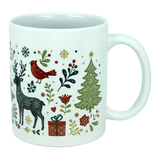 Experience the festive spirit with the Nordic Wholesale Mug: Nordic Forest Reindeer & Christmas Tree Ceramic Mug (11 oz). This white ceramic mug is adorned with a Scandinavian folk-art design featuring a reindeer, cardinal, Christmas tree, present, snowflakes, and an array of flowers and leaves in vibrant red, green, and gold hues—perfect for celebrating the holiday season.