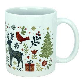 Experience the festive spirit with the Nordic Wholesale Mug: Nordic Forest Reindeer & Christmas Tree Ceramic Mug (11 oz). This white ceramic mug is adorned with a Scandinavian folk-art design featuring a reindeer, cardinal, Christmas tree, present, snowflakes, and an array of flowers and leaves in vibrant red, green, and gold hues—perfect for celebrating the holiday season.