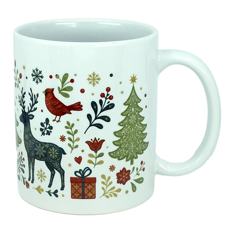 Experience the festive spirit with the Nordic Wholesale Mug: Nordic Forest Reindeer & Christmas Tree Ceramic Mug (11 oz). This white ceramic mug is adorned with a Scandinavian folk-art design featuring a reindeer, cardinal, Christmas tree, present, snowflakes, and an array of flowers and leaves in vibrant red, green, and gold hues—perfect for celebrating the holiday season.