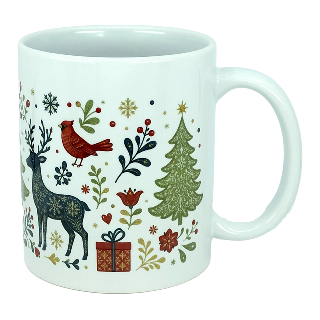 Experience the festive spirit with the Nordic Wholesale Mug: Nordic Forest Reindeer & Christmas Tree Ceramic Mug (11 oz). This white ceramic mug is adorned with a Scandinavian folk-art design featuring a reindeer, cardinal, Christmas tree, present, snowflakes, and an array of flowers and leaves in vibrant red, green, and gold hues—perfect for celebrating the holiday season.