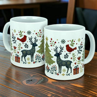 Mug: Nordic Forest Reindeer & Christmas Tree Ceramic Mug (11 oz)