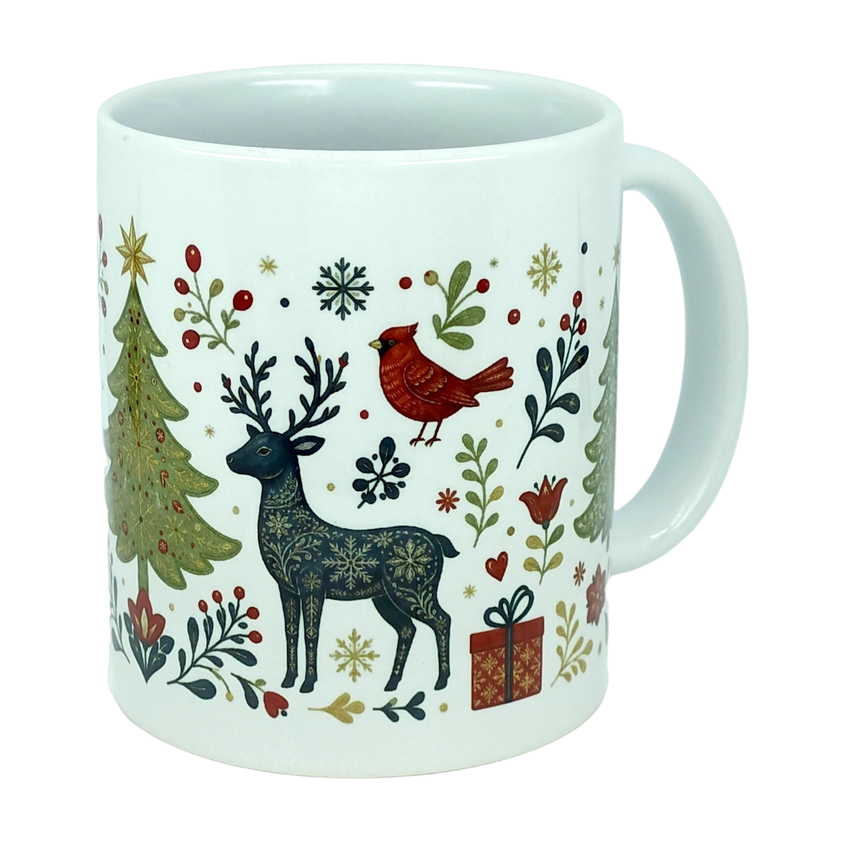 Sip in seasonal style with the Nordic Wholesale Mug: Nordic Forest Reindeer & Christmas Tree Ceramic Mug (11 oz), featuring a charming folk-art design of a Christmas tree, reindeer, red cardinal, wrapped gift, snowflakes, and festive greenery on a crisp white ceramic background.