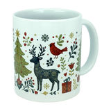 Sip in seasonal style with the Nordic Wholesale Mug: Nordic Forest Reindeer & Christmas Tree Ceramic Mug (11 oz), featuring a charming folk-art design of a Christmas tree, reindeer, red cardinal, wrapped gift, snowflakes, and festive greenery on a crisp white ceramic background.
