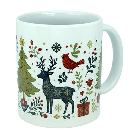 Sip in seasonal style with the Nordic Wholesale Mug: Nordic Forest Reindeer & Christmas Tree Ceramic Mug (11 oz), featuring a charming folk-art design of a Christmas tree, reindeer, red cardinal, wrapped gift, snowflakes, and festive greenery on a crisp white ceramic background.