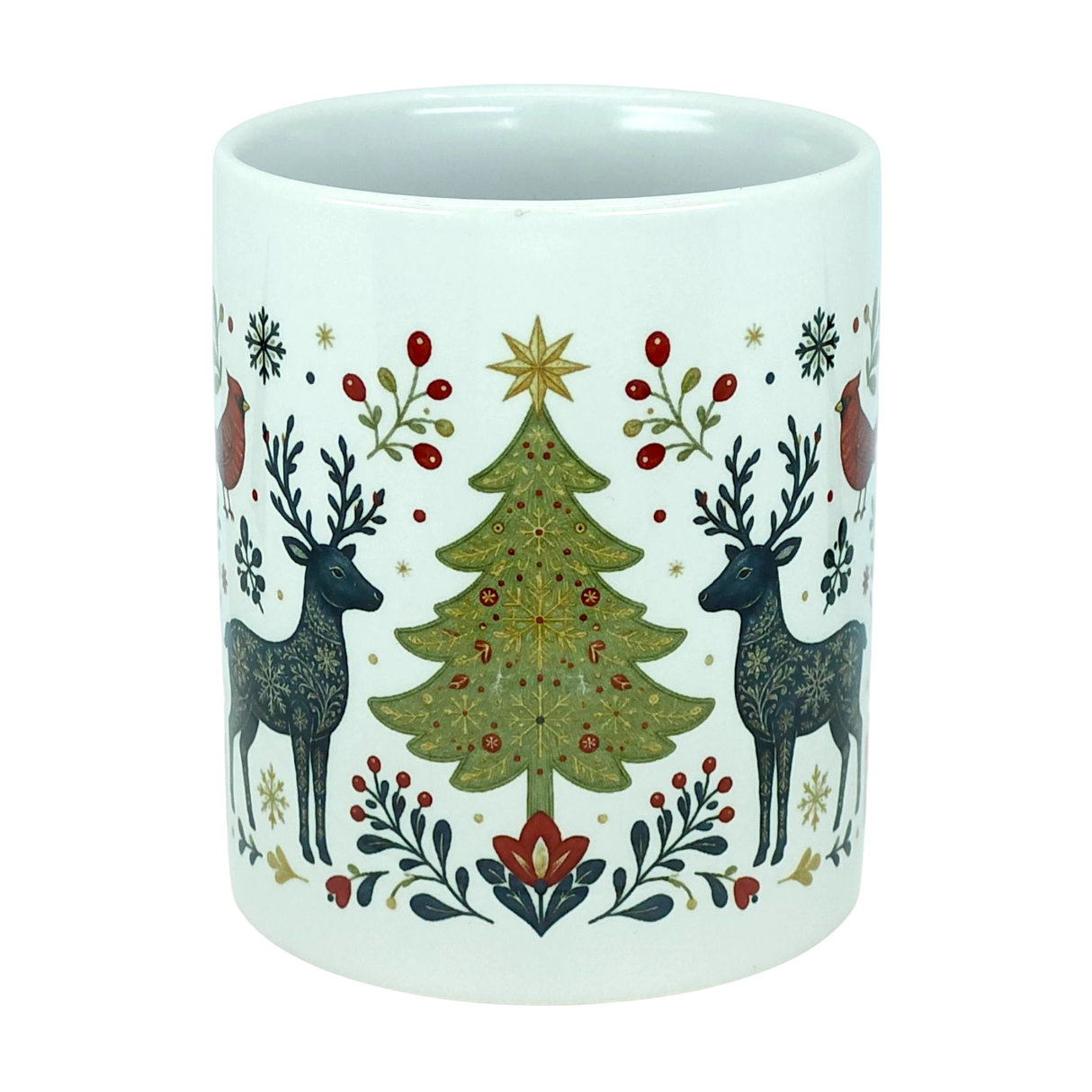 The Nordic Wholesale Mug: Nordic Forest Reindeer & Christmas Tree Ceramic Mug (11 oz) features a festive Scandinavian holiday design, showcasing a decorated Christmas tree, two antlered reindeer, red birds, and holly leaves arranged symmetrically on a white ceramic surface. This charming folk-art mug beautifully captures the spirit of the season in timeless Nordic style.
