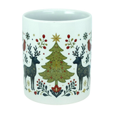 The Nordic Wholesale Mug: Nordic Forest Reindeer & Christmas Tree Ceramic Mug (11 oz) features a festive Scandinavian holiday design, showcasing a decorated Christmas tree, two antlered reindeer, red birds, and holly leaves arranged symmetrically on a white ceramic surface. This charming folk-art mug beautifully captures the spirit of the season in timeless Nordic style.