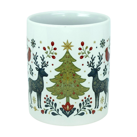 The Nordic Wholesale Mug: Nordic Forest Reindeer & Christmas Tree Ceramic Mug (11 oz) features a festive Scandinavian holiday design, showcasing a decorated Christmas tree, two antlered reindeer, red birds, and holly leaves arranged symmetrically on a white ceramic surface. This charming folk-art mug beautifully captures the spirit of the season in timeless Nordic style.