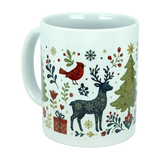 Introducing the Nordic Wholesale Mug: Nordic Forest Reindeer & Christmas Tree Ceramic Mug (11 oz)—a white ceramic mug adorned with a vibrant red bird, reindeer, Christmas tree, snowflakes, presents, and delightful holiday-inspired floral patterns. This folk-art style mug infuses your mornings with festive Scandinavian charm and seasonal cheer.