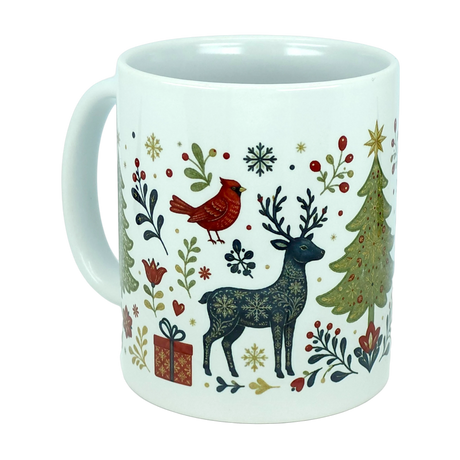 Introducing the Nordic Wholesale Mug: Nordic Forest Reindeer & Christmas Tree Ceramic Mug (11 oz)—a white ceramic mug adorned with a vibrant red bird, reindeer, Christmas tree, snowflakes, presents, and delightful holiday-inspired floral patterns. This folk-art style mug infuses your mornings with festive Scandinavian charm and seasonal cheer.