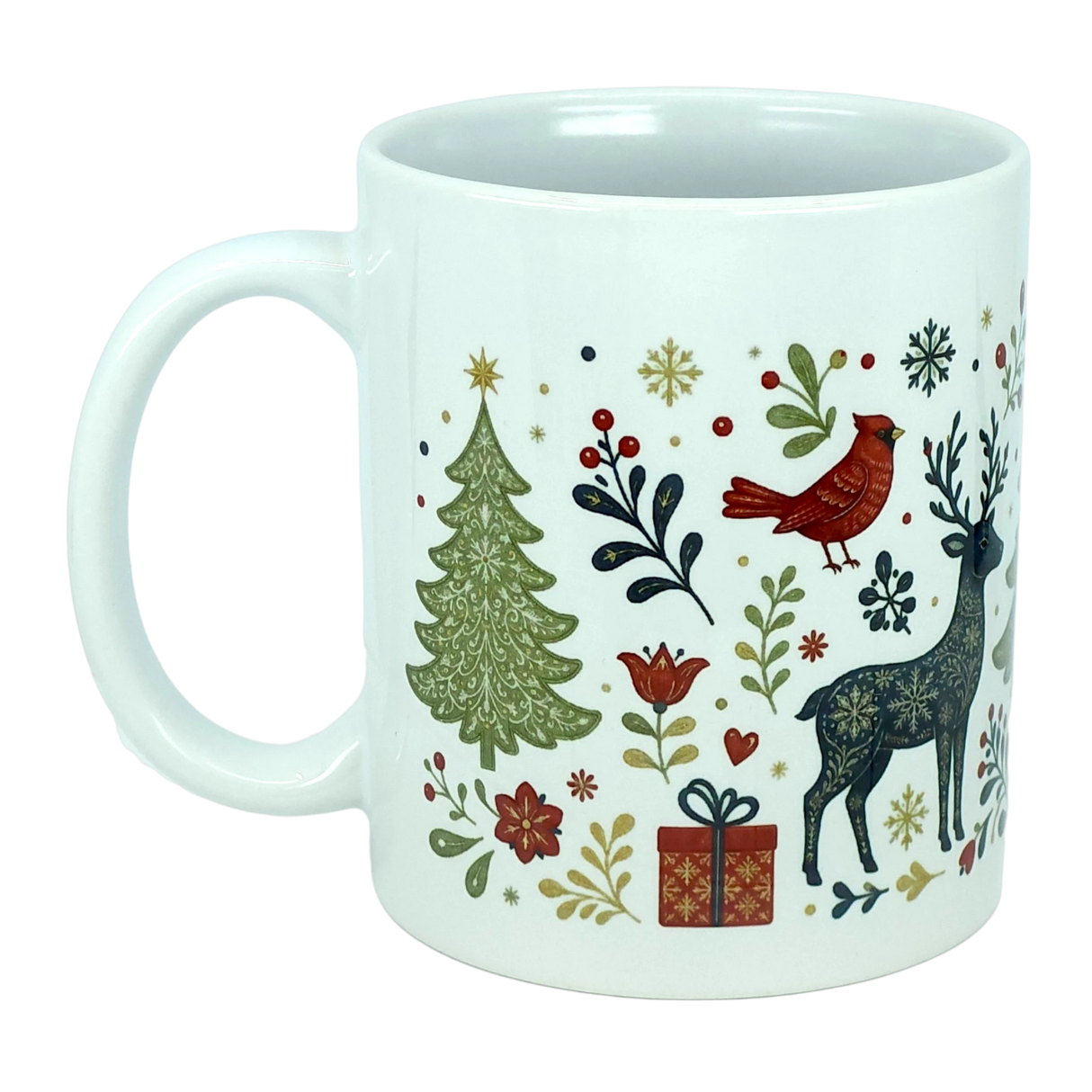 Add some holiday cheer to your mornings with the Mug: Nordic Forest Reindeer & Christmas Tree Ceramic Mug (11 oz) by Nordic Wholesale. This white ceramic mug is beautifully decorated with a Scandinavian folk-art design featuring a Christmas tree, red cardinal, reindeer, flowers, holly, snowflakes, and a red gift box tied with a ribbon—perfect for bringing festive Nordic style to your routine.
