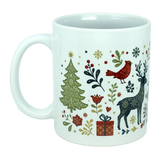 Add some holiday cheer to your mornings with the Mug: Nordic Forest Reindeer & Christmas Tree Ceramic Mug (11 oz) by Nordic Wholesale. This white ceramic mug is beautifully decorated with a Scandinavian folk-art design featuring a Christmas tree, red cardinal, reindeer, flowers, holly, snowflakes, and a red gift box tied with a ribbon—perfect for bringing festive Nordic style to your routine.