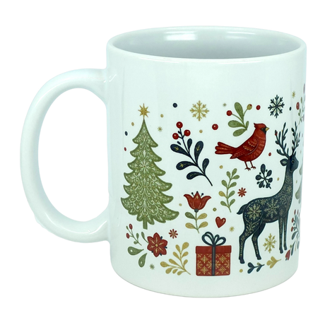 Add some holiday cheer to your mornings with the Mug: Nordic Forest Reindeer & Christmas Tree Ceramic Mug (11 oz) by Nordic Wholesale. This white ceramic mug is beautifully decorated with a Scandinavian folk-art design featuring a Christmas tree, red cardinal, reindeer, flowers, holly, snowflakes, and a red gift box tied with a ribbon—perfect for bringing festive Nordic style to your routine.