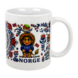 The Nordic Wholesalers Mug: Norge Norway Rosemaling Troll Wraparound Ceramic Mug (11 oz) features a troll in a blue sweater, Norwegian flags, houses, flowers, folk art designs, and "NORGE" below—a charming Norway collectible.