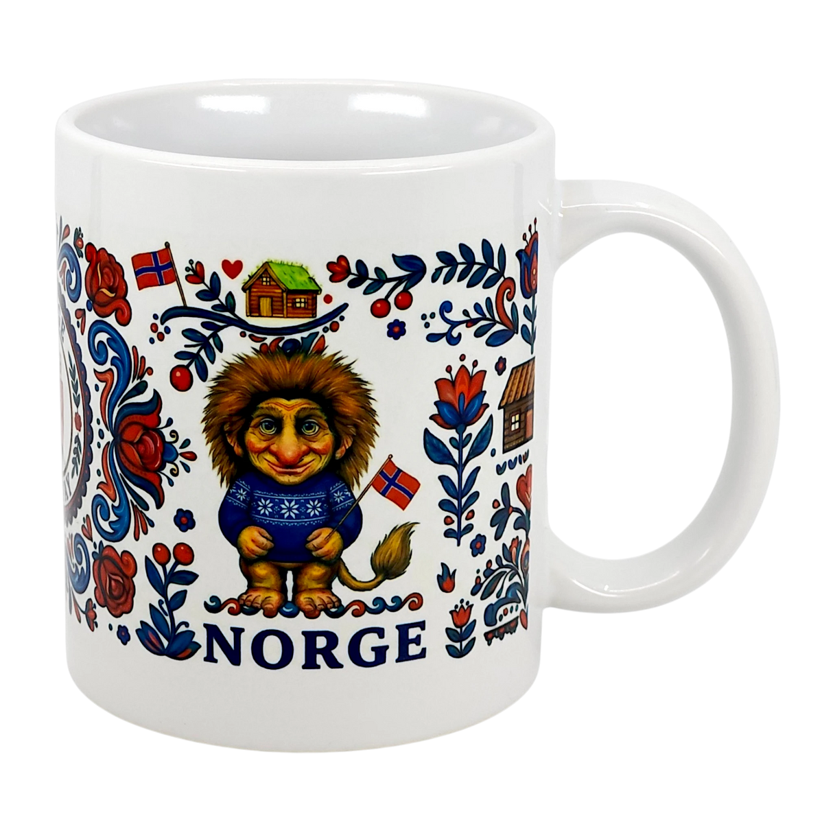 The Nordic Wholesalers Mug: Norge Norway Rosemaling Troll Wraparound Ceramic Mug (11 oz) features a troll in a blue sweater, Norwegian flags, houses, flowers, folk art designs, and "NORGE" below—a charming Norway collectible.