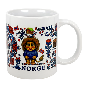 The Nordic Wholesalers Mug: Norge Norway Rosemaling Troll Wraparound Ceramic Mug (11 oz) features a troll in a blue sweater, Norwegian flags, houses, flowers, folk art designs, and "NORGE" below—a charming Norway collectible.