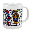 The Nordic Wholesale Mug: Norge Norway Rosemaling Troll Wraparound Ceramic Mug (11 oz) features a troll in a blue sweater, Norwegian flags, red and blue Rosemaling flowers, a house, coat of arms, and "Norge" in blue text.