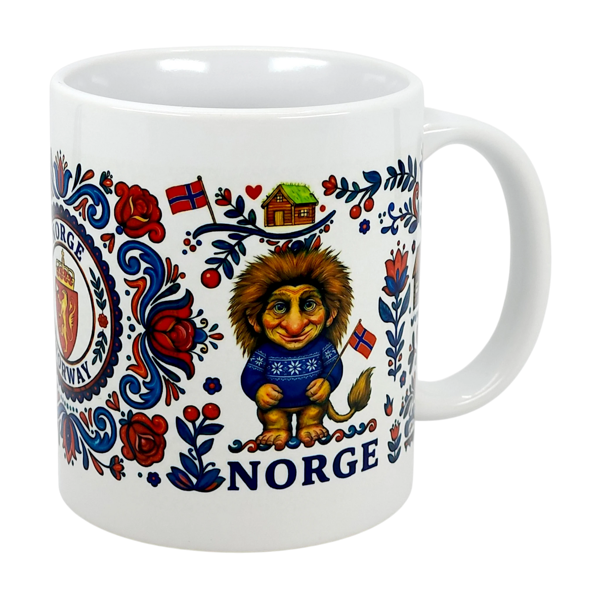 The 11 oz ceramic "Norge Norway Rosemaling Troll Wraparound Mug" by Nordic Wholesalers features Norwegian folk art, a troll in a blue sweater, flags, a wooden house, red flowers, and "Norge"—a charming Norway folklore gift.