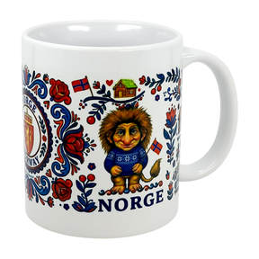 The Nordic Wholesale Mug: Norge Norway Rosemaling Troll Wraparound Ceramic Mug (11 oz) features a troll in a blue sweater, Norwegian flags, red and blue Rosemaling flowers, a house, coat of arms, and "Norge" in blue text.