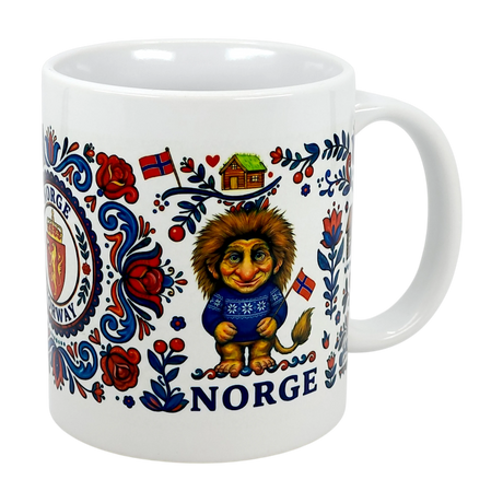 The Mug: Norge Norway Rosemaling Troll Wraparound Ceramic Mug (11 oz) from Swedish Gift Store features a troll in a blue sweater, red flowers, Norwegian flags, a wooden cabin, and "Norge"—a charming Norway folklore gift.