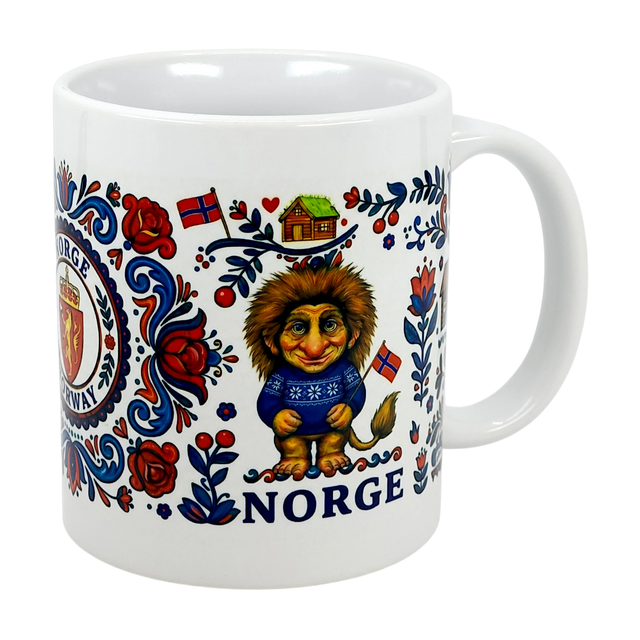 The Nordic Wholesale Mug: Norge Norway Rosemaling Troll Wraparound Ceramic Mug (11 oz) features a troll in a blue sweater, Norwegian flags, red and blue Rosemaling flowers, a house, coat of arms, and "Norge" in blue text.