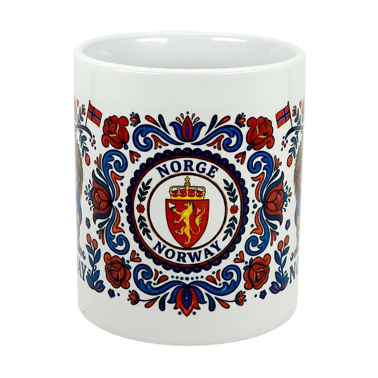 The Nordic Wholesalers Mug: Norge Norway Rosemaling Troll Wraparound Ceramic Mug (11 oz) features colorful floral patterns, Norwegian flags, a yellow lion crest, and “Norge” and “Norway”—a perfect Norway folklore gift.