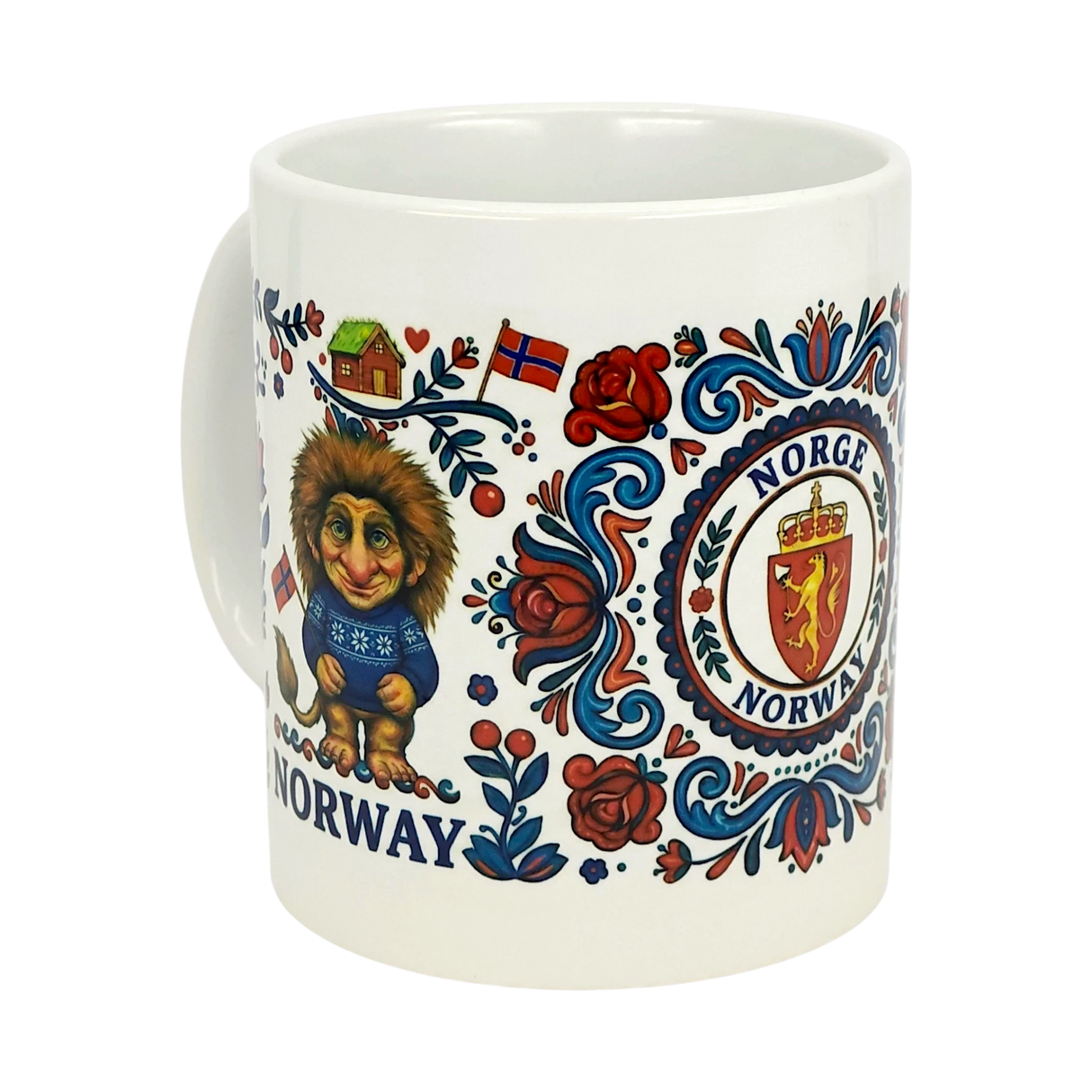 The Nordic Wholesale Mug: Norge Norway Rosemaling Troll Wraparound Ceramic Mug (11 oz) features a troll in a blue sweater, red and blue floral patterns, a house, Norwegian flag, and a "Norge Norway" crest.