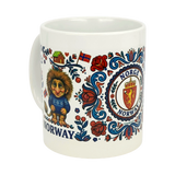 The Nordic Wholesale Mug: Norge Norway Rosemaling Troll Wraparound Ceramic Mug (11 oz) features a troll in a blue sweater, red and blue floral patterns, a house, Norwegian flag, and a "Norge Norway" crest.
